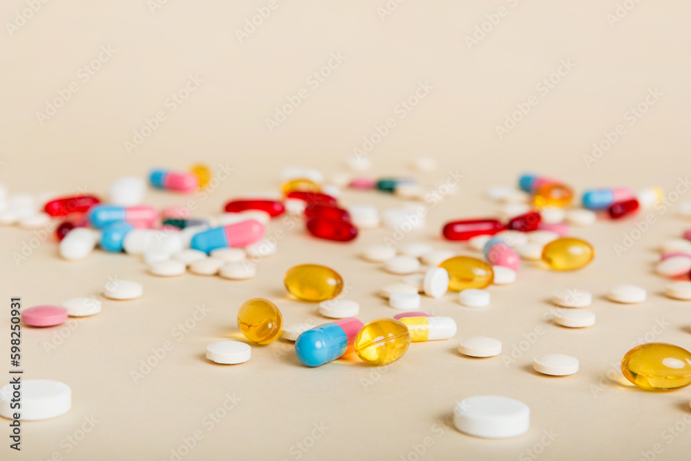 Many different colorful medication and pills perspective view. Set of many pills on colored background Many different colorful medication and pills perspective view. Set of many pills on colored background