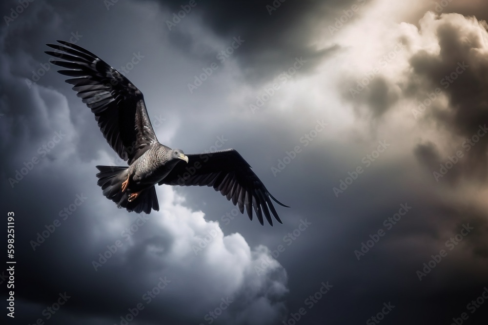 Obraz premium A bird in flight against a dramatic stormy sk