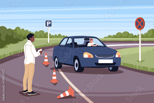 Student on driving school test. Practical driving lesson, downed cones, instructor makes notes, driver guy in car on road. City landscape cartoon flat style isolated vector concept