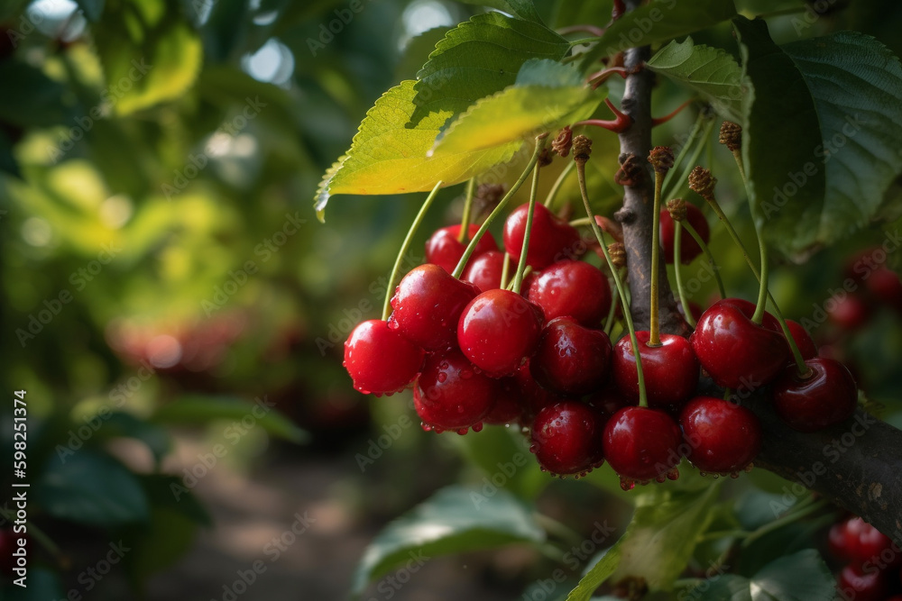 Close-up. Vibrant and juicy ripped cherries in a close-up shot on a wooden table. Ai generated.