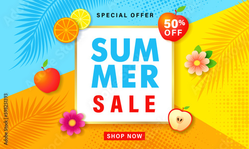 Summer sale banner with beach colors geometric shape, tropic flower, fruits and palm leaf. Discount poster design for special offer promotion. Vector illustration