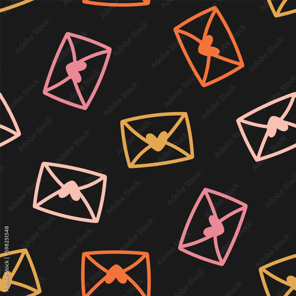 Seamless pattern with colorful outline envelope and heart with black background Seamless pattern with colorful outline envelope and heart with black background