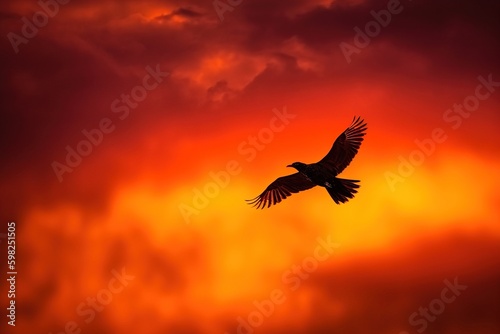 A bird in flight against a fiery sunse © Dan