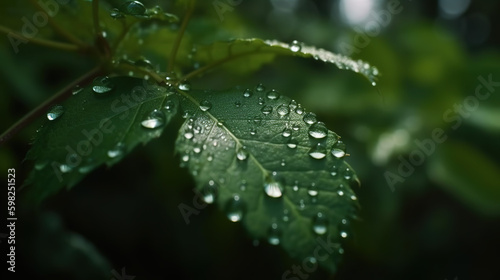 Rain drops on green leaves - AI Generative