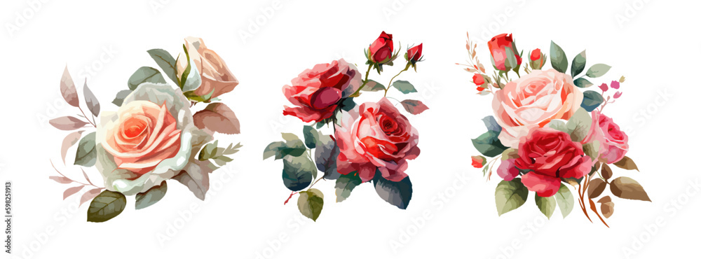 Collection of beautiful rose flowers isolated on white background. Spring and summer red, pink roses floral branch and leaves. Vector illustration