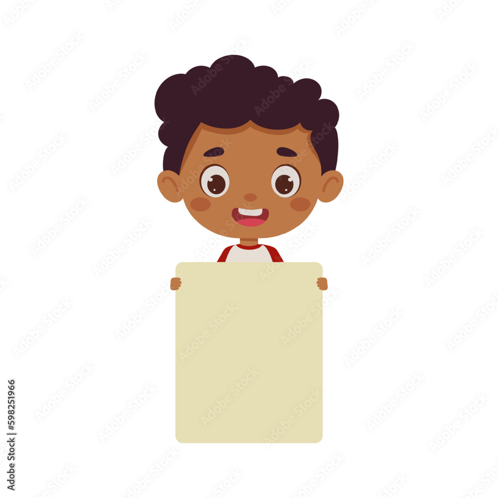 Cute little kid boy holding empty blank board. Cartoon child character. Vector illustration Cute little kid boy holding empty blank board. Cartoon child character. Vector illustration