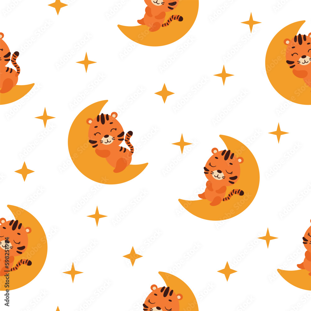 Cute little tiger sleeping on moon seamless childish pattern. Funny cartoon animal character for fabric, wrapping, textile, wallpaper, apparel. Vector illustration