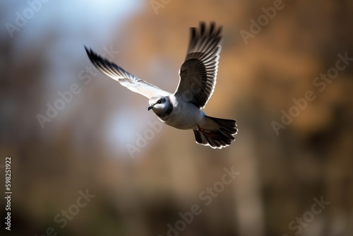A bird in flight with a blurred backgroun