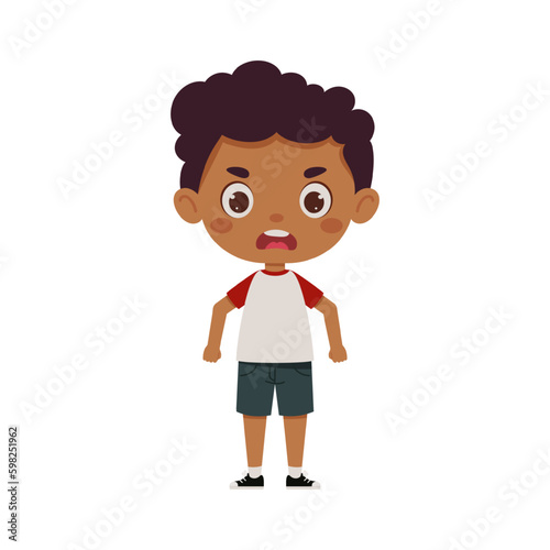 Cute cartoon little angry boy. Little schoolboy character. Vector illustration