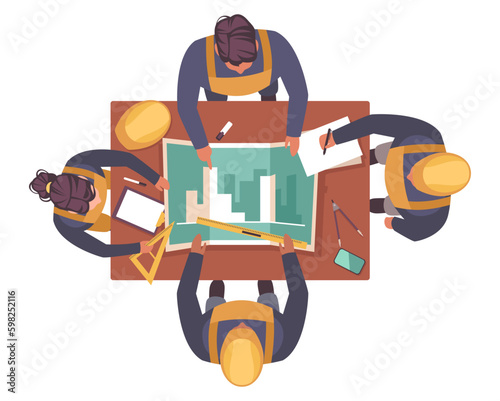 Team of young architects and builders discussing building project, top view people. professional conduction workers teamwork, engineer and designer cartoon flat isolated vector concept