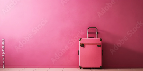 Pink travel suitcase, on pink background. Trip concept. Generative AI