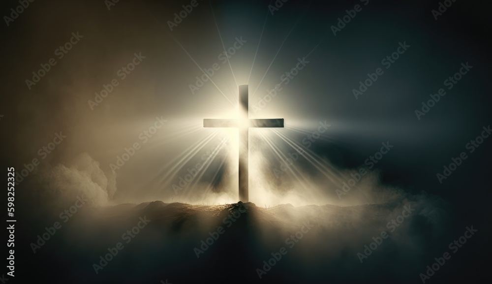 Fototapeta premium Divine Jesus Cross Enveloped in Mist and Illuminated by Gold Light, Sacred Emblem, Spiritual Belief and Religious Connection.