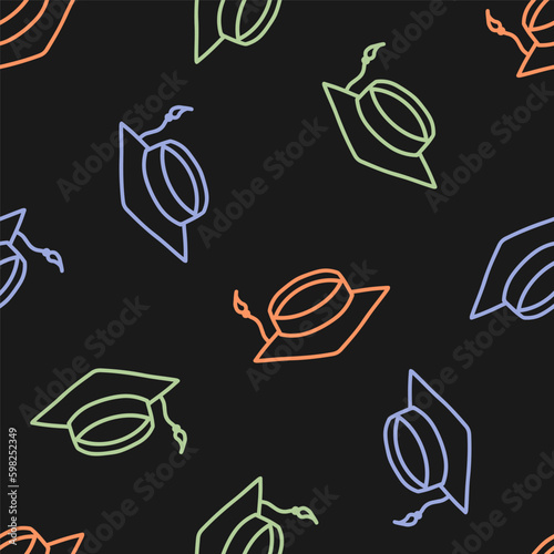 Seamless pattern with colorful mortarboard and black background