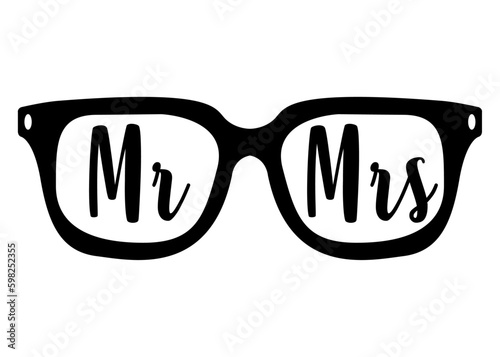 Logo aislado con silueta de gafas de sol con palabra Mr and Mrs en texto manuscrito para su uso en invitaciones y tarjetas