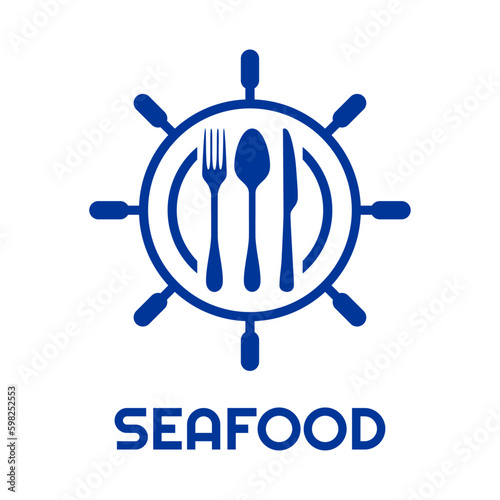 Logo restaurante con texto Seafood con silueta de cubiertos en timón de barco