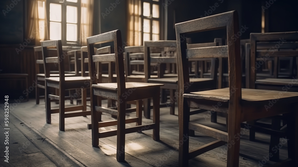 old wooden school chairs close view Generative AI
