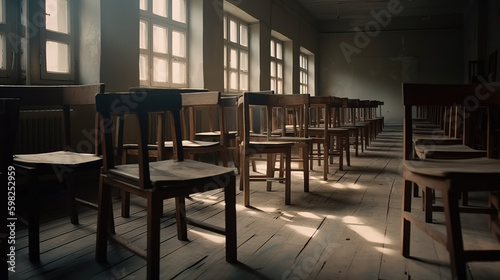 old wooden school chairs Generative AI © Faraz