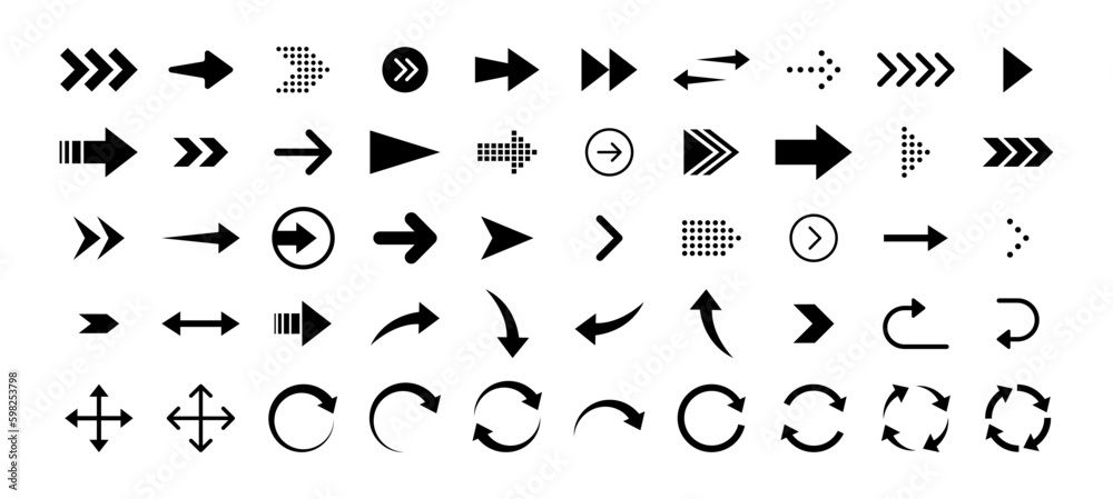 Arrows set of 50 black icons. Arrow icon. Arrow vector collection. Arrow. Cursor. Modern simple arrows. Vector illustration. - obrazy, fototapety, plakaty 