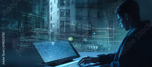 Modern neon cyberpunk open space office interior blurred with information technology overlay. marketing. Generative AI technology