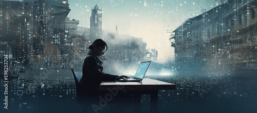Modern neon cyberpunk open space office interior blurred with information technology overlay. marketing. Generative AI technology