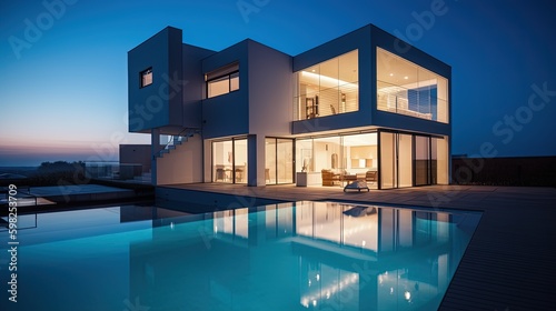 Exterior of modern building with swimming pool at dusk © Savinus