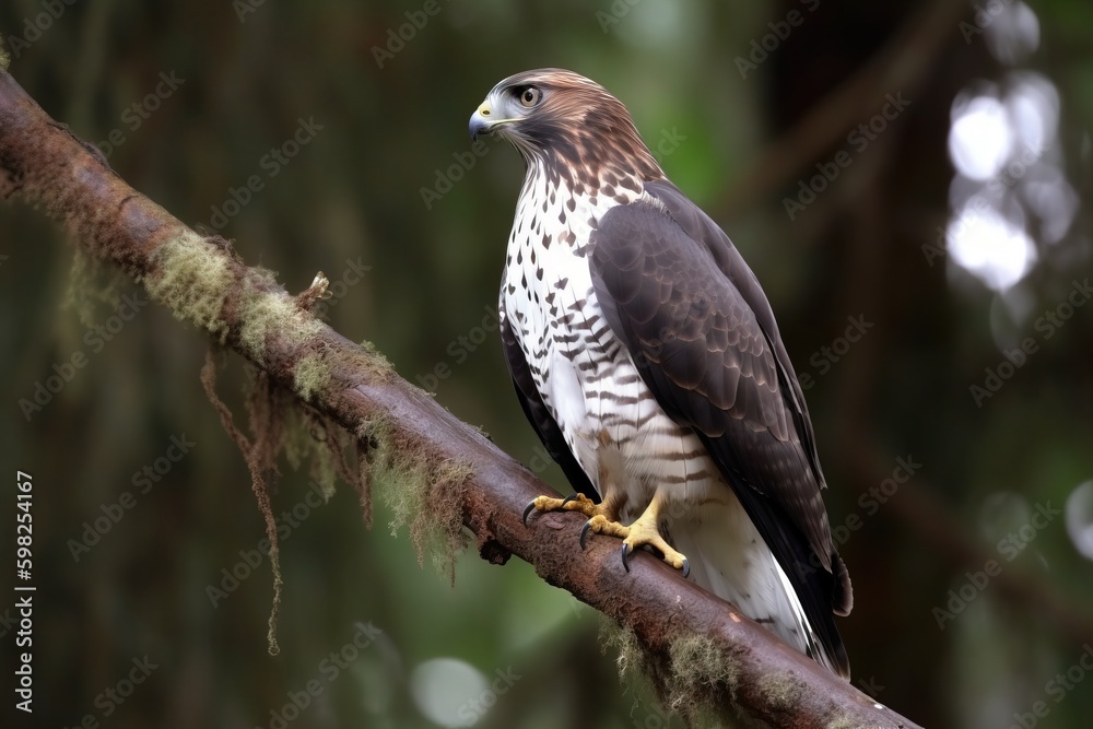 A bird of prey, such as a hawk, perched on a tree branc A bird of prey, such as a hawk, perched on a tree branc