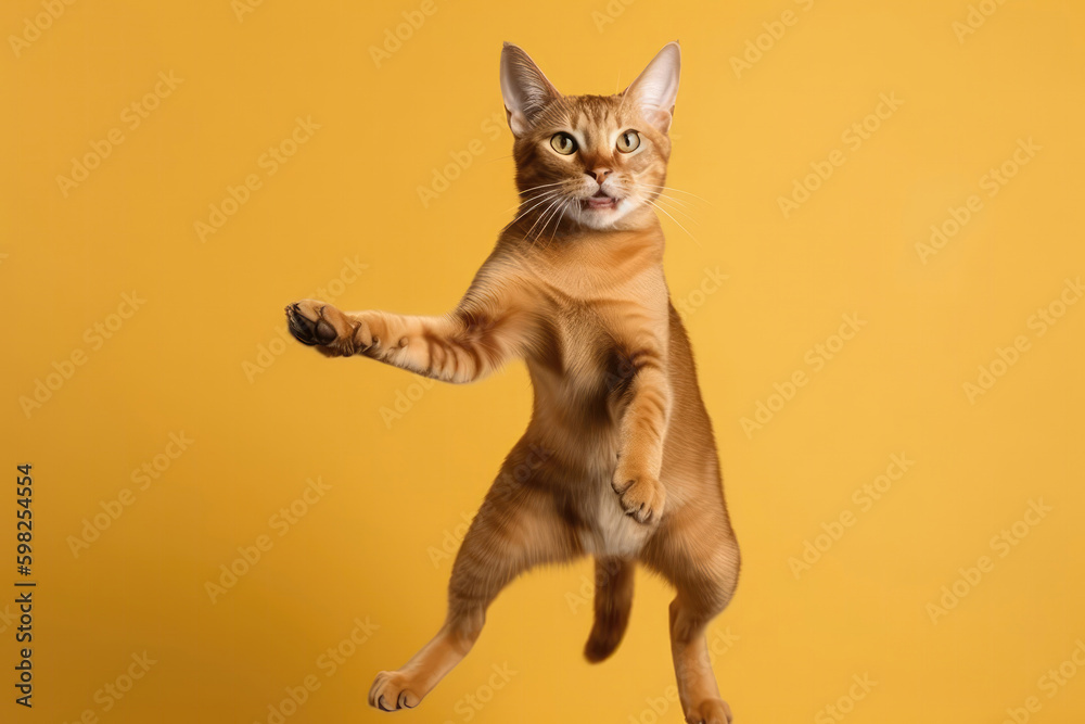 Very Happy Cheerful Cat Abyssinian In Jumping, In Flight On Light Yellow Background Full Body, Wide Angle, Studio Photo. Generative AI