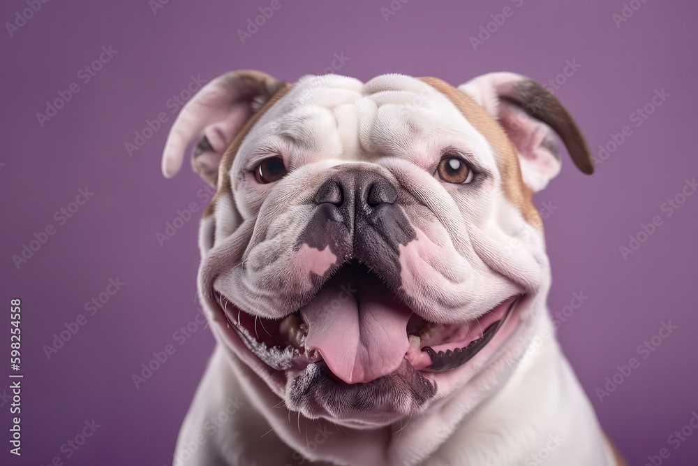Very Happy Cheerful Dog Bulldog On Light Purple Background. Generative AI