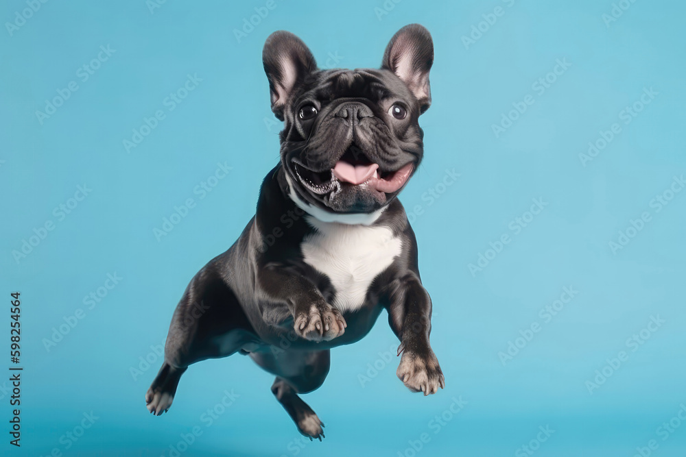 Very Happy Cheerful Dog French Bulldog In Jumping, In Flight On Light Blue Background Full Body, Wide Angle, Studio Photo. Generative AI