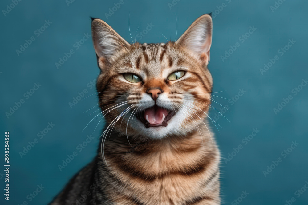 Very Happy Cheerful Cat Exotic On Light Blue Background. Generative AI