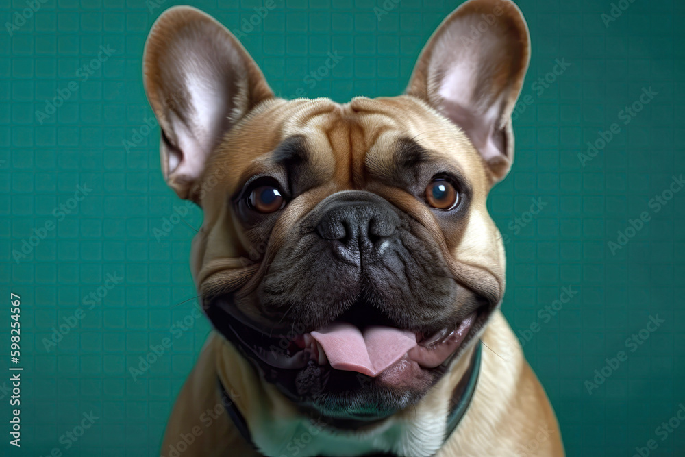 Very Happy Cheerful Dog French Bulldog On Light Green Background. Generative AI