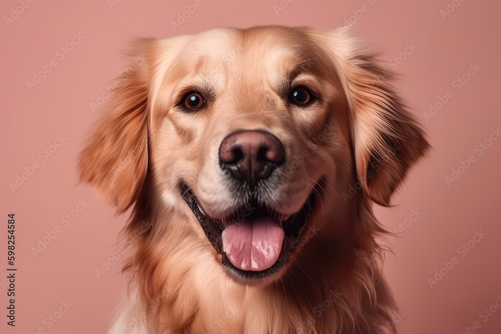 Very Happy Cheerful Dog Golden Retriever On Light Pink Background. Generative AI