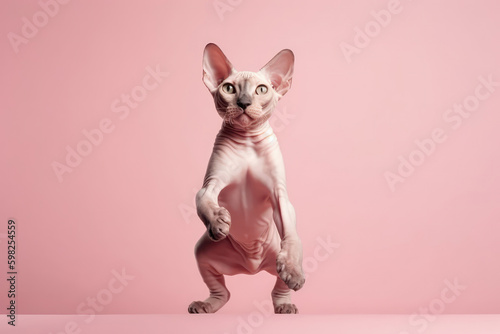 Cat Sphynx In Jumping, In Flight On Light Pink Background Full Body, Wide Angle, Studio Photo. Generative AI © Anastasiia