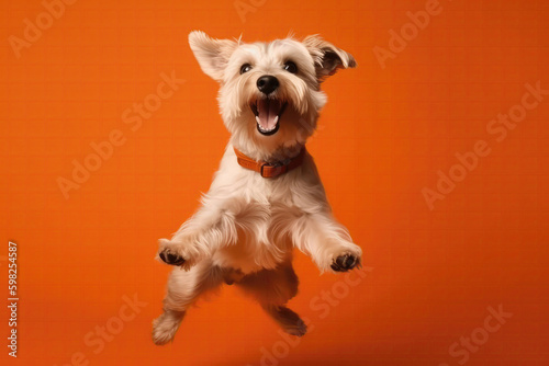 Very Happy Cheerful Dog In Jumping, In Flight On Orange Background Full Body, Wide Angle, Studio Photo. Generative AI photo