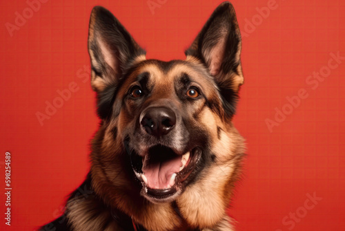 Very Happy Cheerful Dog German Shepherd Dog On Light Red Background. Generative AI