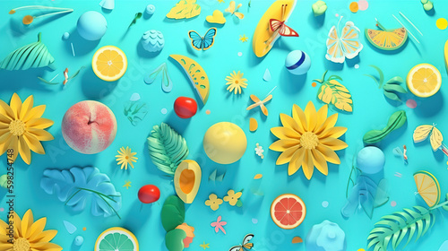 Trendy sunlight Summer pattern made with various summer things on bright light blue background - Generative AI