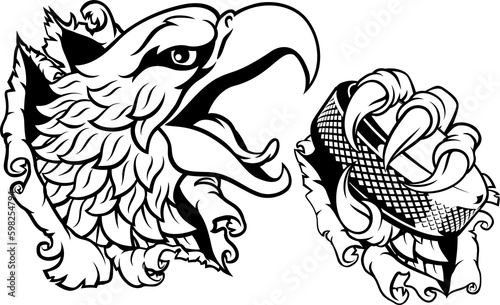Canvas Print Bald Eagle Hawk Ripping Ice Hockey Mascot Puck