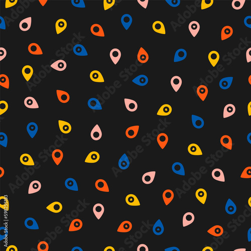Seamless pattern with colorful map pin symbols and black background