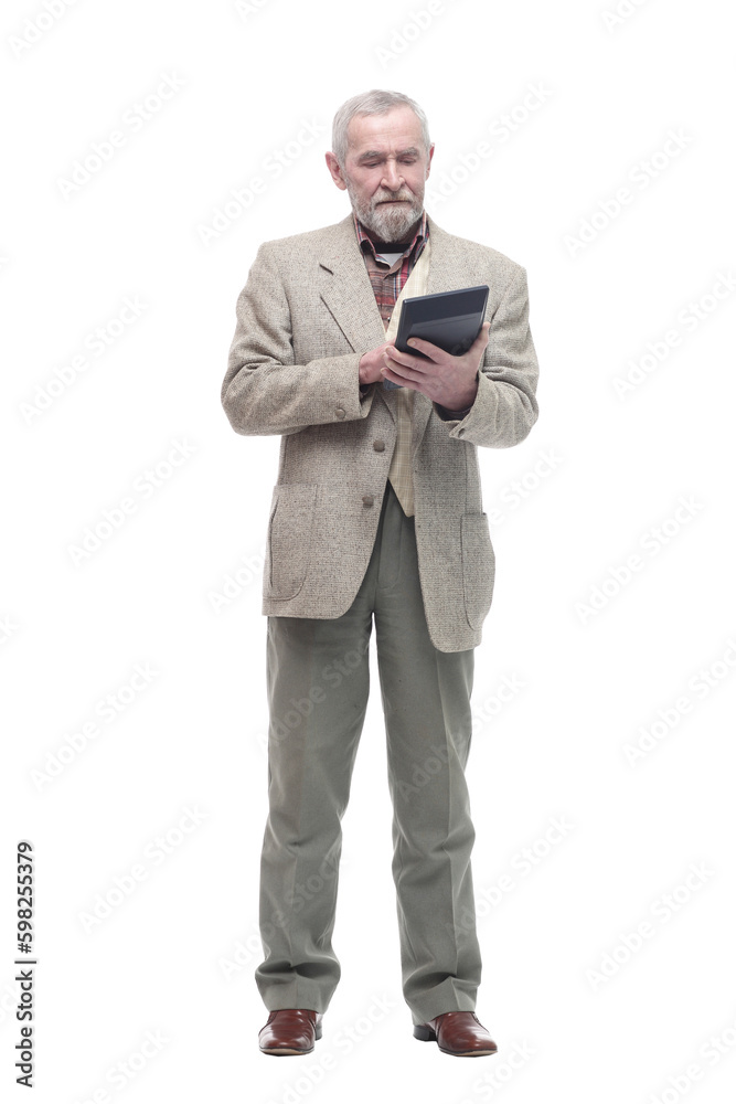 elderly business man with a calculator. isolated on a white elderly business man with a calculator. isolated on a white
