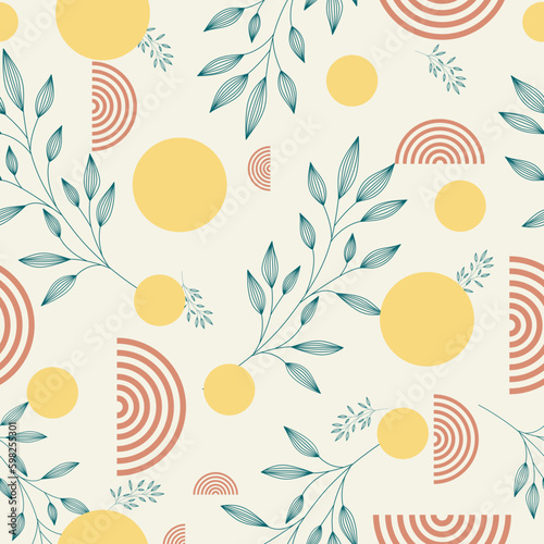 Seamless vector pattern with hand-drawn plants on a light background. Floral seamless pattern with circles.