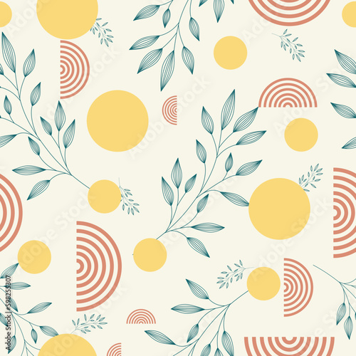 Seamless vector pattern with hand-drawn plants on a light background. Floral seamless pattern with circles