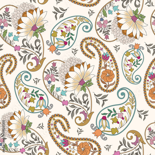seamless pattern with decorative paisley, small and big flowers, and leaves in pastel tint.