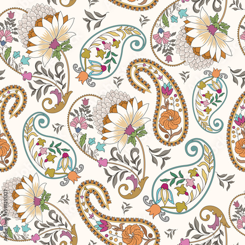 seamless pattern with decorative paisley, small and big flowers, and leaves in pastel tint.