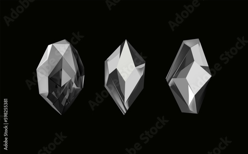 A collection of images of black diamonds of various geometric shapes and sizes.Glass shiny crystals with different shades reflecting light.Vector realistic set of glow gemstone or colorful ice.