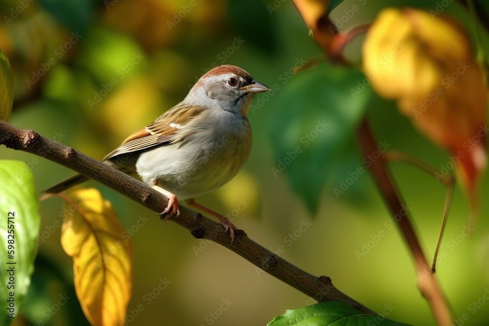 A bird perched on a leafy branc