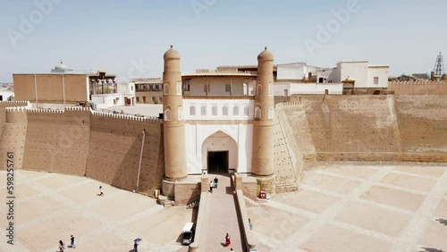 Bukhara, Uzbekistan aerial panoramic view of The Ark of Bukhara. The Ark citadel is an ancient massive fortress located in Bukhara city