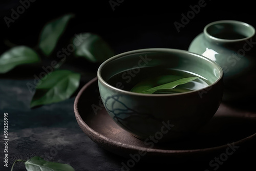 Calming Green Tea With Leaves And Porcelain Cup. Generative AI