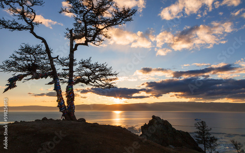 Scenic spring sunset at Baikal Lake. View of Small Sea from coast of Olkhon Island. Silhouette of famous Wish Tree with colorful ribbons of tourists. Natural background. Travel and outdoor recreation