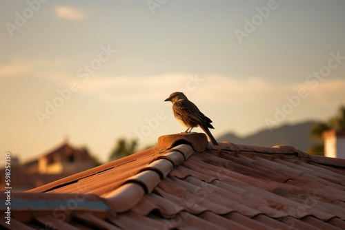 A bird perched on a roofto photo