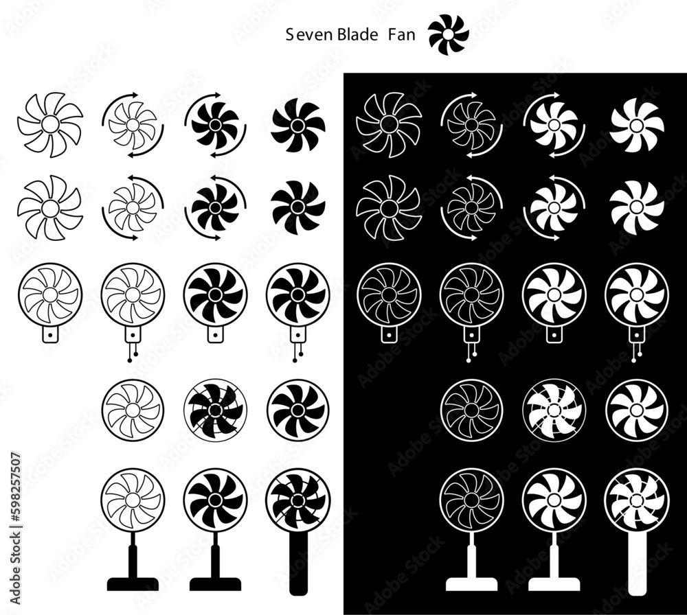 Black and White Seven Blade Summer Electric Fan Icon sets Black and White Seven Blade Summer Electric Fan Icon sets